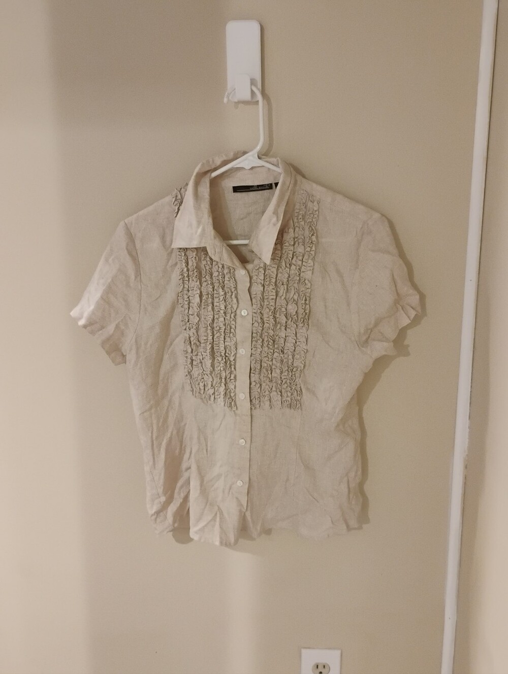 Like New Vintage 2000s Linen Buttoned Ruffled Short Sleeve Top Sz 10